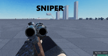 a person is holding a sniper rifle in front of a city