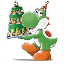 a yoshi cartoon character is holding a cake