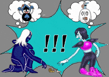 a pixel art drawing of two characters with a speech bubble that says " !!! "