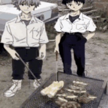 two anime characters are standing next to a grill with meat on it