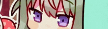 a close up of a cartoon girl 's face with purple eyes and red hair .