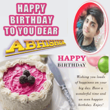 a birthday card for abhishek with a picture of a boy and a cake