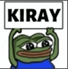 a frog is holding a sign that says kiray over its head .