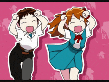 a boy and a girl are dancing in front of a pink background with the letter n on it