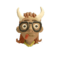 a cartoon character wearing horns and glasses sticks out his tongue