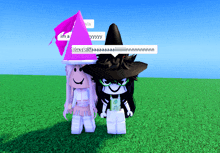 a girl in a witch hat stands next to another girl in a purple pyramid hat