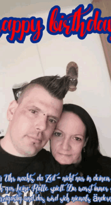 a man and a woman are posing for a picture with the words happy birthday written on the bottom