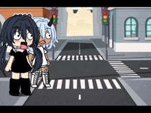 a cartoon of two girls crossing a crosswalk