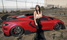 a woman standing next to a red sports car in a video game