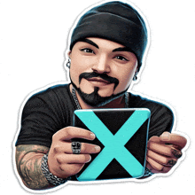 a sticker of a man with a beard holding a tablet with an x on it