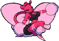 a pixel art drawing of a pink butterfly with a black top