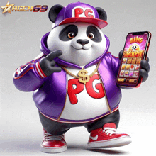 a panda bear wearing a purple jacket and a hat with pg on it