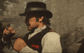 a man wearing a top hat and vest is holding a gun