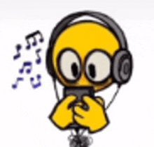 a cartoon smiley face wearing headphones and listening to music on a cell phone .