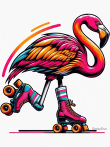 a flamingo wearing roller skates on a white background .