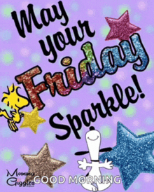 a purple background with snoopy and woodstock and the words " may your friday sparkle "