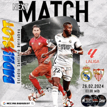 a poster for a soccer match between laliga and estadio santiago bernabeu