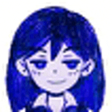 a close up of a cartoon character with blue hair on a white background .