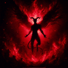 a demon with horns is surrounded by red flames