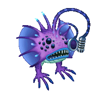 a purple monster with a microphone attached to its head