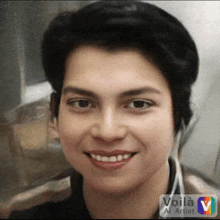 a young man with headphones on his ears is smiling in a photo taken by voila al artist