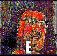 a pixelated portrait of a man wearing glasses and a hat with the letter e .