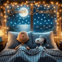 snoopy and charlie brown are sleeping in a bed with the words sweet dreams written on the window behind them