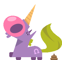 a purple unicorn is blowing a pink bubble next to some poop