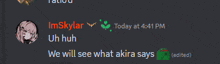 a screenshot of a discord conversation between imskylar and akira