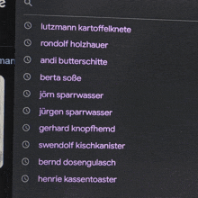 a computer screen shows a list of names including lutzmann kartoffelknete and rondolf holzhauer