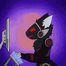 a cartoon of a furry robot wearing headphones and looking at a computer monitor .