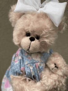 a teddy bear wearing a blue dress and a white bow is holding another teddy bear .