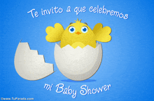 a baby shower invitation in spanish with a yellow chick in an egg