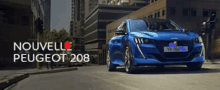 a blue peugeot 208 is driving down a street