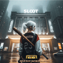 a woman holding a bat in front of a building that says ' loot ' on it