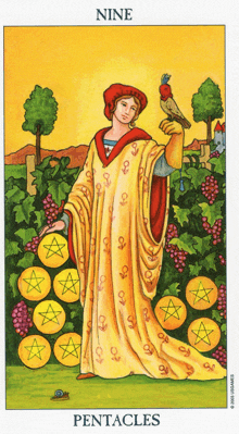 a tarot card shows a man holding a bird surrounded by pentacles coins