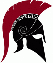 a black and red spartan helmet with a greek key design on it