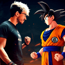 a man in a black shirt stands next to a man in a dragon ball z costume