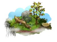 a cartoon illustration of a tree stump and a rock