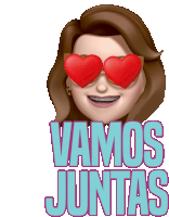 a woman wearing heart shaped sunglasses and the words vamos juntas