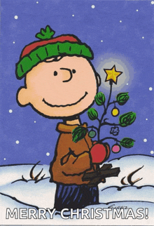 a cartoon of charlie brown holding a christmas tree and the words merry christmas