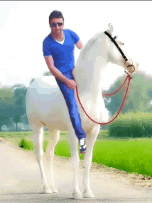 a man in a blue shirt is riding a white horse on a dirt road