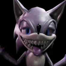 a close up of a purple and white sonic the hedgehog with his tongue out .