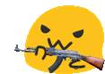 a yellow smiley face with a gun sticking out of its mouth .