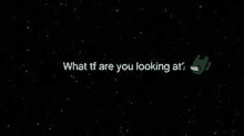 a green among us character is standing in the middle of a black space with a question .