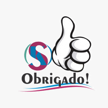 an illustration of a hand giving a thumbs up and the words obrigado below it