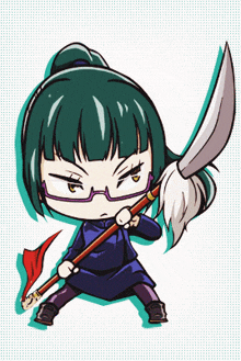 a cartoon of a girl with glasses holding a sword and a broom