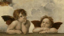 a painting of two cherubs looking up at the clouds