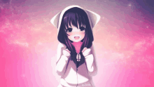 a girl in a white hoodie with cat ears