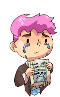 a cartoon of a boy with pink hair holding a poster that says " have you seen him "